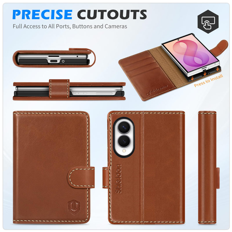 SHIELDON Genuine Leather Wallet Case for Galaxy Z Fold 8 7.6", Retro Brown | Magnetic Closure, RFID Blocking, Credit Card Holder, Kickstand, Folio Design, Shockproof Protective Cover for Men Women