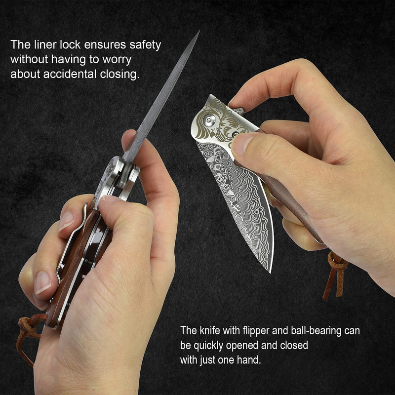 AUBEY Damascus Pocket Knife with Clip, Folding Knives with VG10 Damascus Steel Blade, Wooden Handle, Foldable EDC Knifes for Outdoor Survival Collection Gift A-Rosewood Handle
