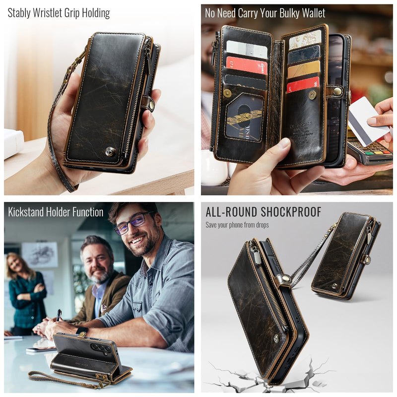 Defencase for Samsung Galaxy A37 5G Wallet Case with Card Holder, Coffee | RFID Blocking, Zipper Pocket, Durable PU Leather, Wrist Strap, Fashion Snap Flip Phone Cases Cover with Stand for Women Men