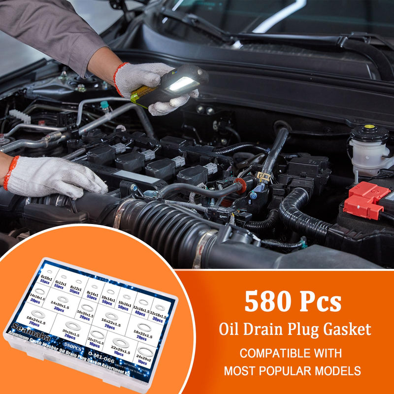 580PCS Oil Crush Washer,18 Sizes Oil Drain Plug Gaskets Assortment Kit,Automotive Aluminum Drain Plug Washer M6 M8 M10 M12 M14 M16 M18 M20 M22 M24 580PCS Aluminum Washer