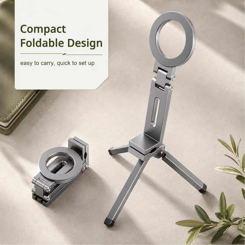MagSafe Tripod 360 Foldable Aluminum | For MagSafe and Non MagSafe Phones, Portable Tripod with N52 Magnet, 38mm Clamp for Airplane Gym Desk, 2 Metal Rings