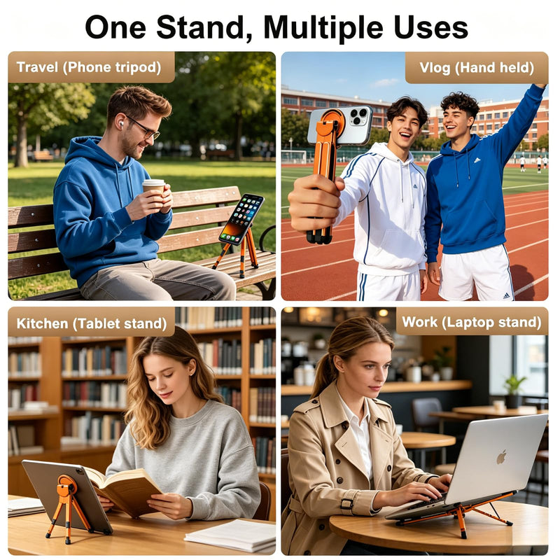 Magnetic Phone Holder & Foldable Laptop Riser, Matte Black Aluminum Multi‑Device Desk Mount, N52 MagSafe Stand, Ergonomic Laptop Elevator for MacBook iPad iPhone Travel Office Orange