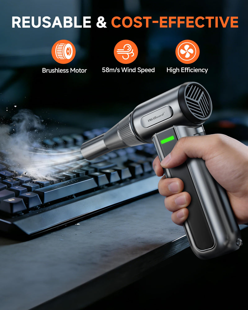 WeGuard Compressed Air Duster, 180000RPM Air Blower for Cleaning (Grey) | Cordless Air Duster, 3-Speed, Stepless Speed Mode, LED Light, Rechargeable Blower for Keyboard, PC, Car, Electronics