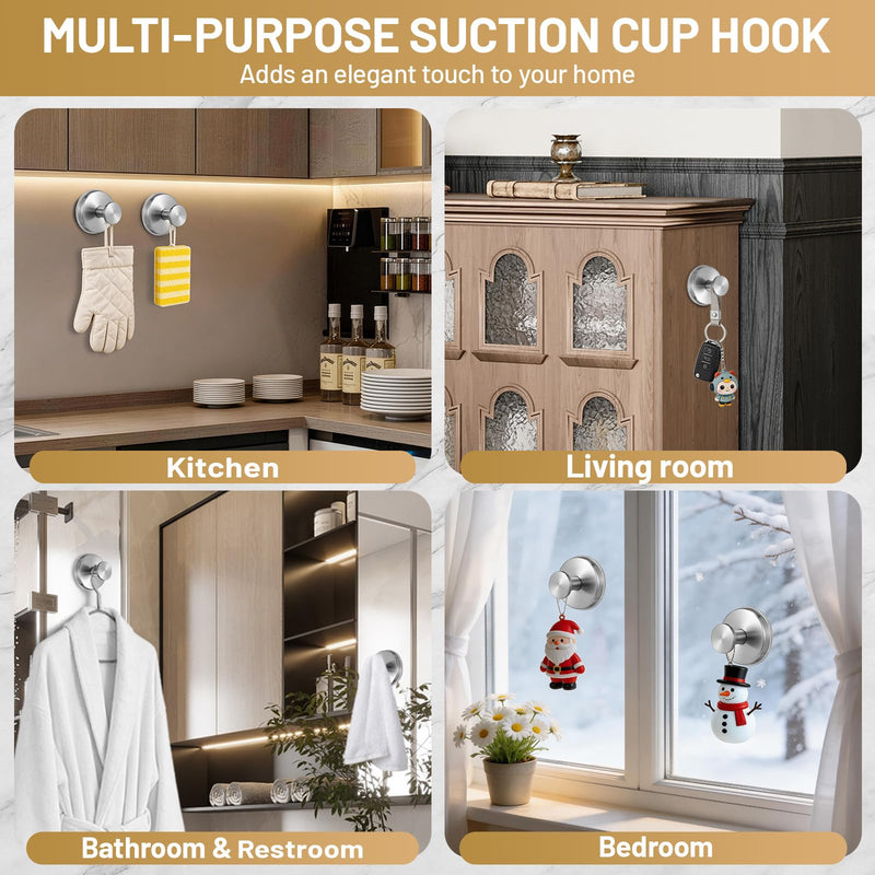 Large Suction Cup Hooks, Heavy Duty 15lb Holds Towel & Robe, No-Drill Shower Bathroom Hooks for Tile Wall Glass Mirror, Mounts on Smooth Non-Porous Surfaces (2 Pack, Brushed Nickel) 2