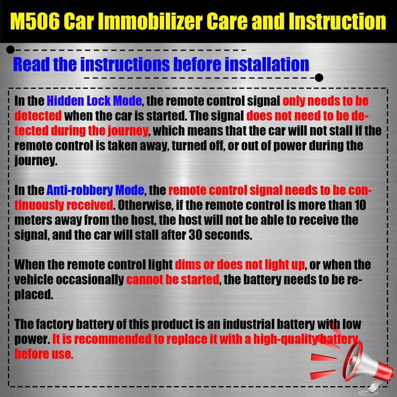 CHADWICK Car Immobilizer Anti-Theft Alarm System, M506 Wireless Engine Lock, Auto Anti-Robbery Device, Intelligent Circuit Cut Off Tool, Universal 12V Car Alarm + 2 Remotes, for Car, Motorcycle