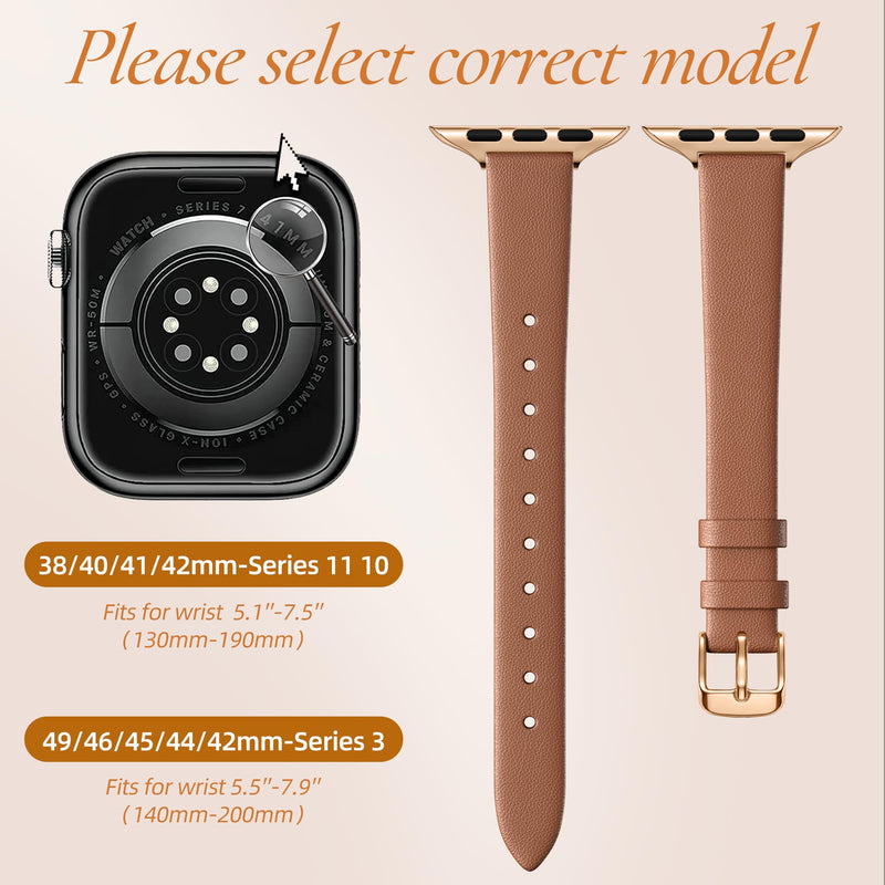 Vegan Leather Band for Apple Watch Bands for Women 40mm 41mm 42mm 38mm | Soft Slim Seamless Faux Leather Wristband, Fits iWatch Bands SE3-1 Series 11 10 9 8 7 6 5 4 3 2 1, Dressy & Fancy Brown with Rose Gold Buckle 38mm/40mm/41mm/42mm(Series 11 10)