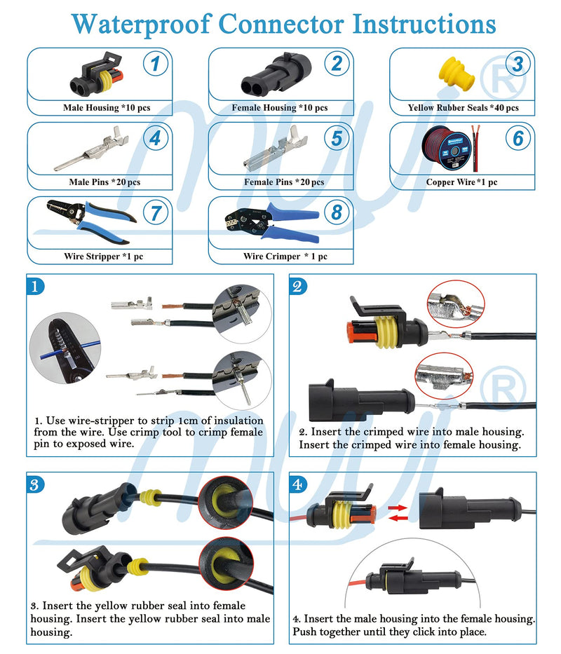 MUYI 10 Kit 2 Pin Way Waterproof Electrical Connector 1.5mm Series Terminals Water Resistend 2 pins