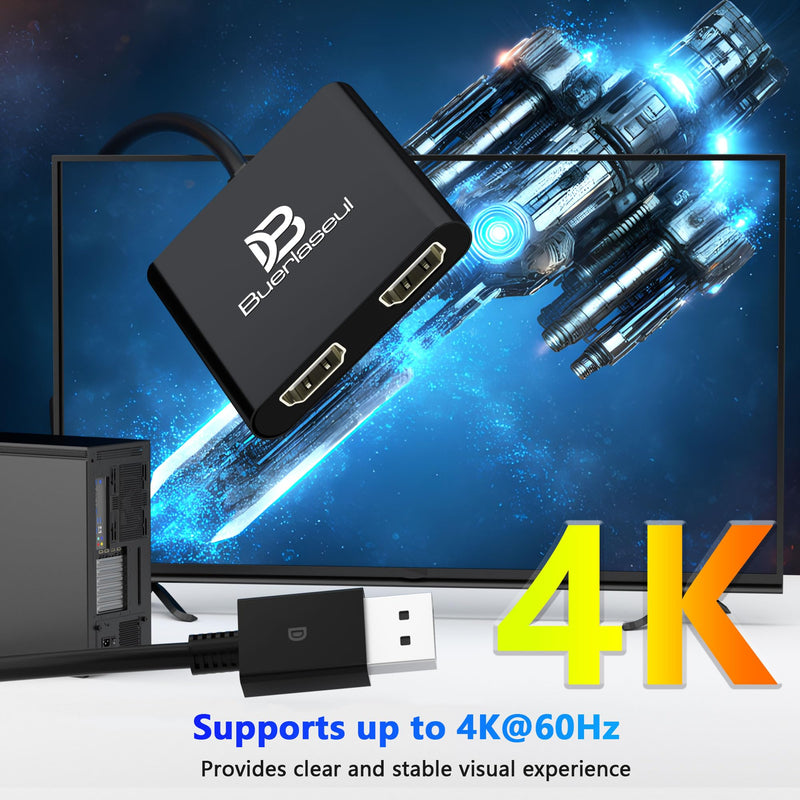 DisplayPort to Dual HDMI Splitter 4K@60Hz, USB-C Powered, DisplayPort 1.4 MST Hub DP to HDMI 1 in 2 Out Splitter for Dual Monitors Extended/Clone Mode for Desktop PC Graphics Card Home Office Gaming Black