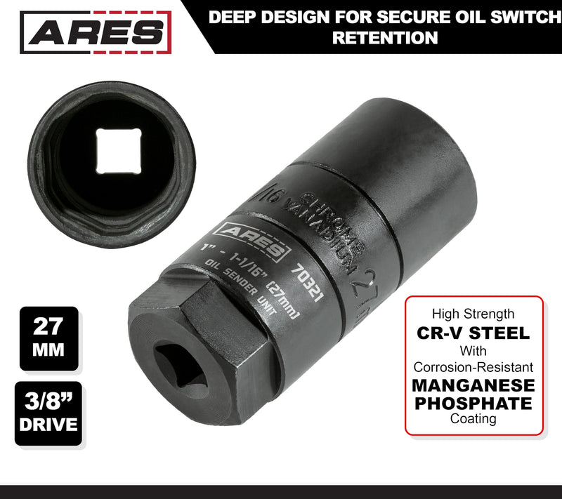 ARES 70321-3/8-Inch Drive 1-Inch & 1 1/16-Inch (27mm) Oil Sender Unit Socket - Deep Design Allows for Oil Switch Retention - Fits Weather Pack Switches up to 2 7/16 inches Deep 27mm 3/8" Dr. Oil Sender Unit 1" Socket