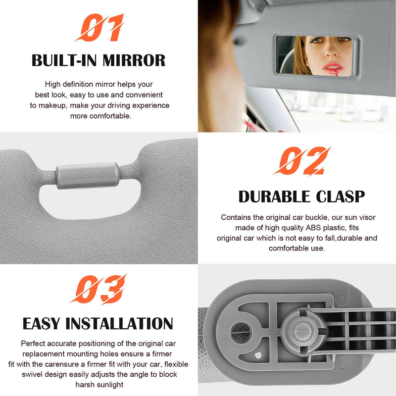 Gray Passenger Right Side Sun Visor Replacement Compatible with 2011 2012 2013 2014 2015 Hyundai Elantra Replace 852203X000TX Grey