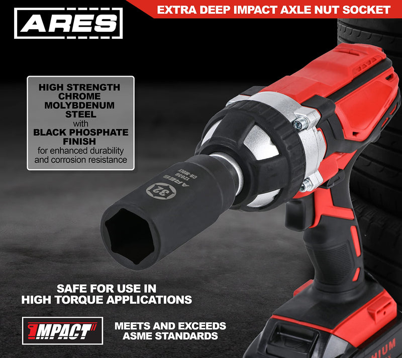 ARES 12036-32MM Axle Nut Socket - 6 Point Socket - Extra Deep 1/2-Inch Drive Impact Socket for Easy Removal of Axle Shaft Nuts 6-Point Socket 32mm
