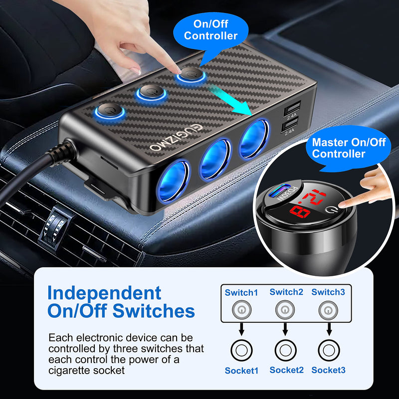Cigarette Lighter Splitter Adapter, 222W 3 Socket Car Cigarette Lighter Plug Splitter USB Charger Multi Port 12V Car Plug Outlet Splitter with LED Voltage Display Independent Switches