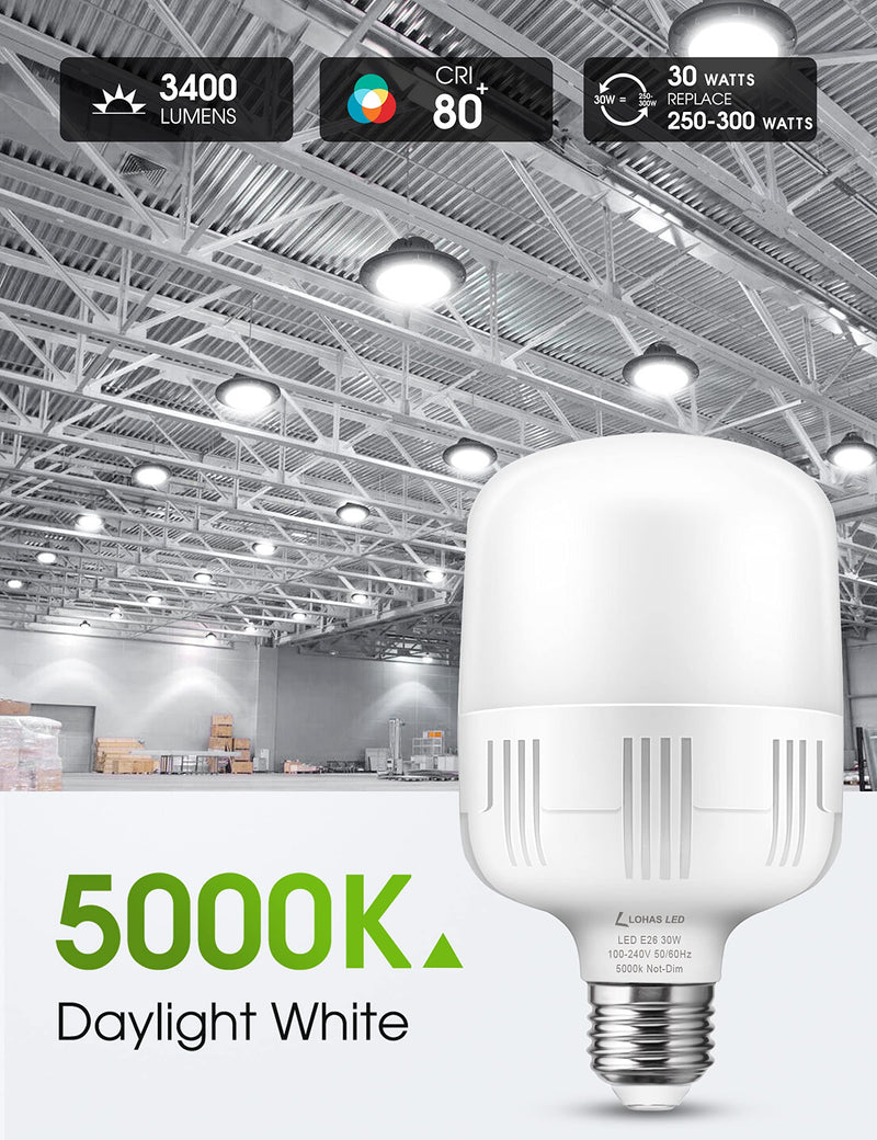 L LOHAS LED Super Bright Light Bulbs, 250-300W Equivalent 3400LM E26 Garage LED Bulb, 5000K Daylight 30 Watt High Lumen LED Bulb w/E39 Adapter for Commercial Warehouse Workshop Factory Barn, 2 Pack Daylight White