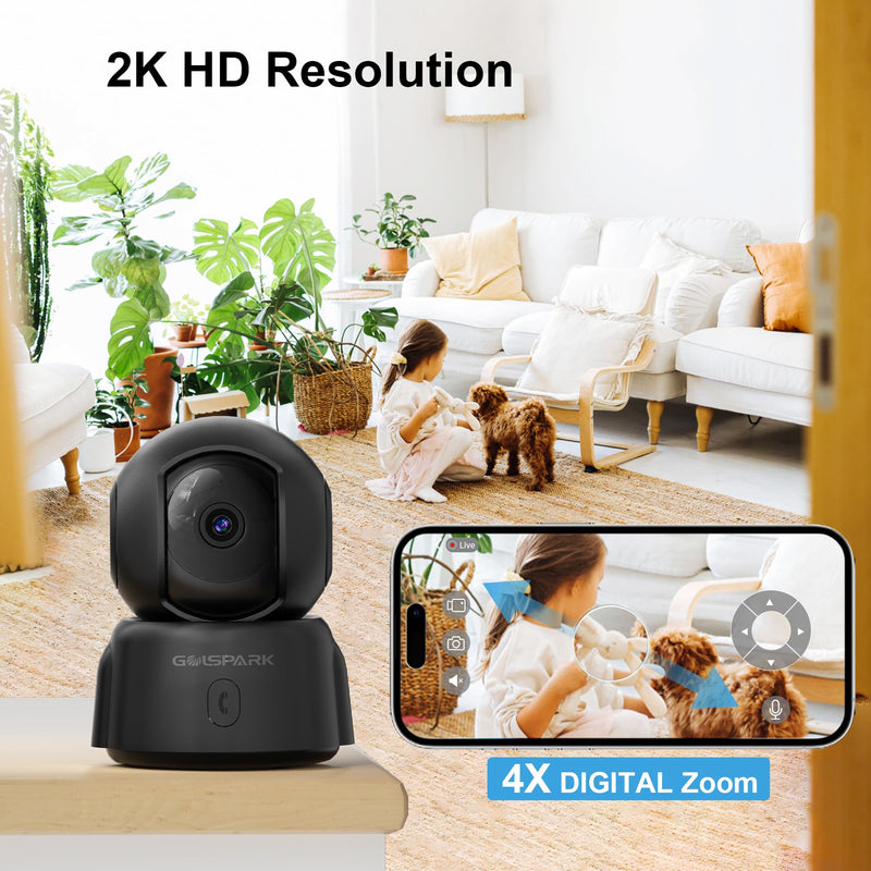 GOLSPARK Dog Pet Camera for Home Security 2K,2.4GHz WiFi Camera Baby Monitor for Room with Motion Tracking Detection Night Vision,Two-Way Audio SD/Cloud Storage Black-2Pack