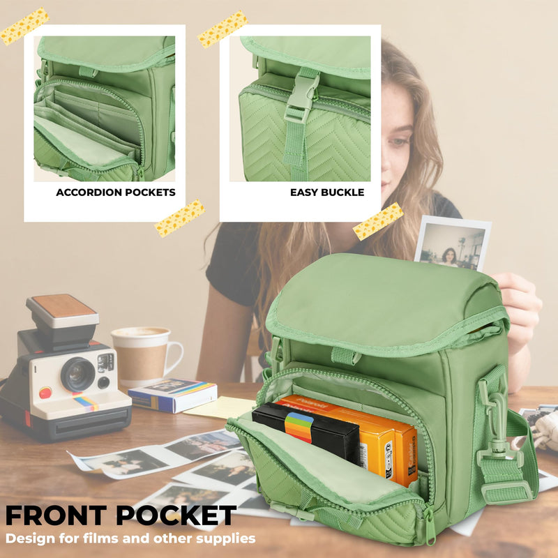 Camera Case for Polaroid Now 3rd/2nd Gen with Photo Display Window | Instant Camera Sling Bag with Clear Display Window, ilted Front Pocket, 8mm Padding, Top Handle and Adjustable Strap, Green