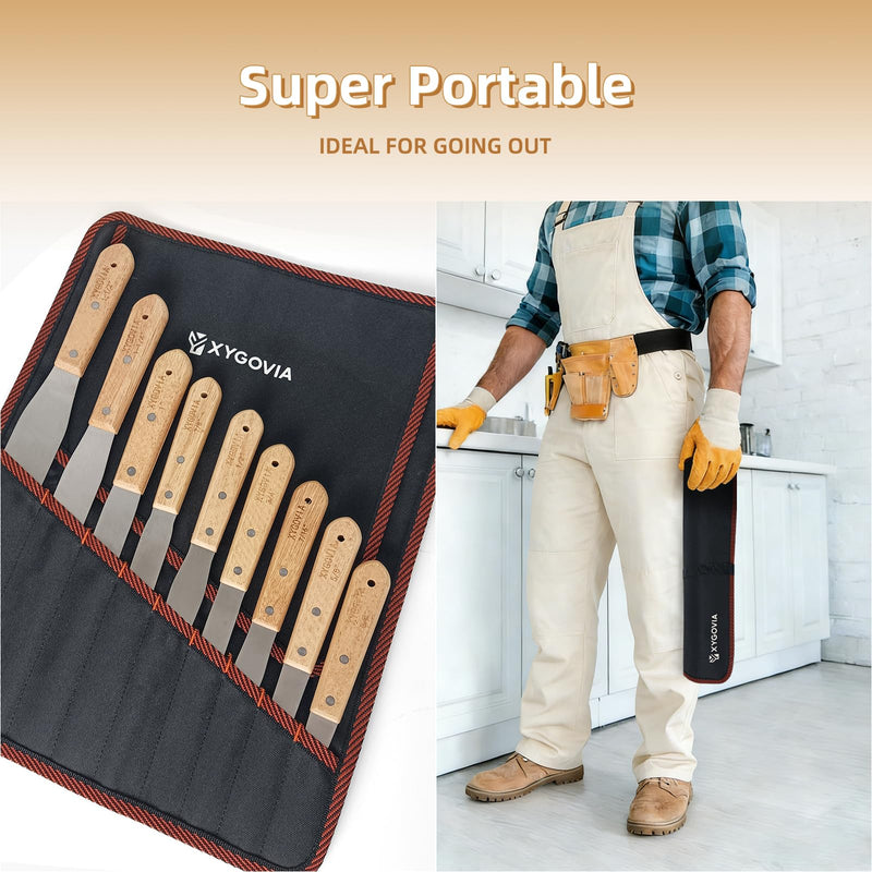 7-piece Caulking Spatula with Wooden Handle, Professional Stainless Steel Caulk Tool Set Finishing Tools, Streamline Spatulas for Caulk Application 7PCS