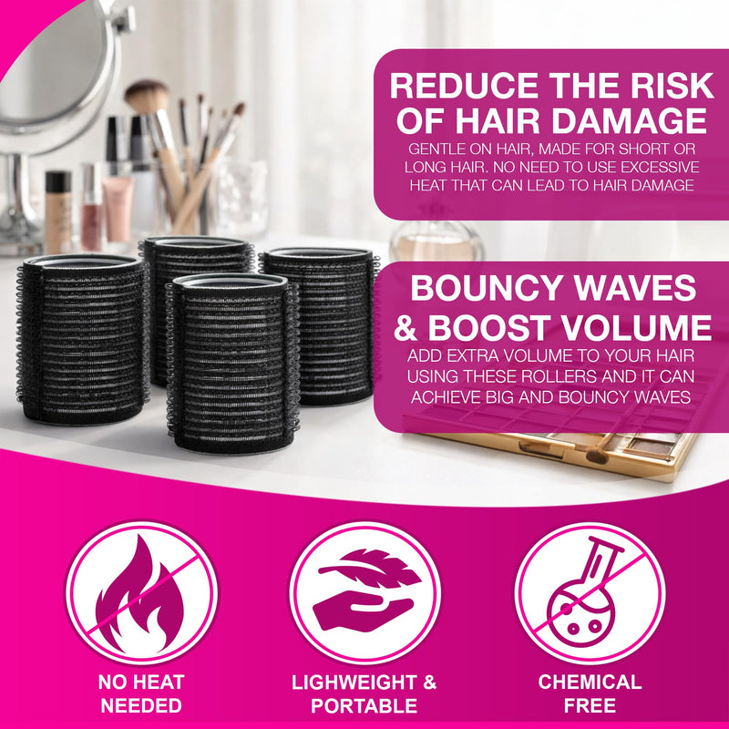 4pc Large Hair Rollers for Volume & Bouncy Curls - Self Grip Styling Rollers for Long & Short Hair, Heatless Curlers for Lift, Body & Waves, Lightweight & Travel Friendly