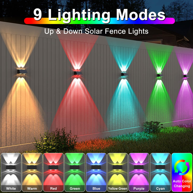 LANSOW Solar Fence Lights 2 Pack, Solar Powered Lights Outdoor Waterproof, 9-Mode Warm/Cool White & RGB Up-Down Led Spot Wall Lights Dusk to Dawn Decor for Backyard, Deck, Patio, Pool, Railing(Black) Black