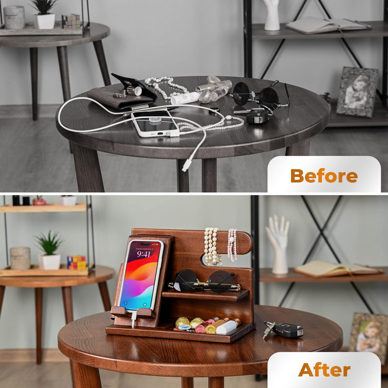 TESLYAR Wood Phone Docking Station for Men - Desktop or Nightstand Organizer - Birthday Gifts for Men, Dad - Anniversary Idea from Wife - Key Holder, Stand Wallet, Watch & Essentials (Chestnut) Chestnut