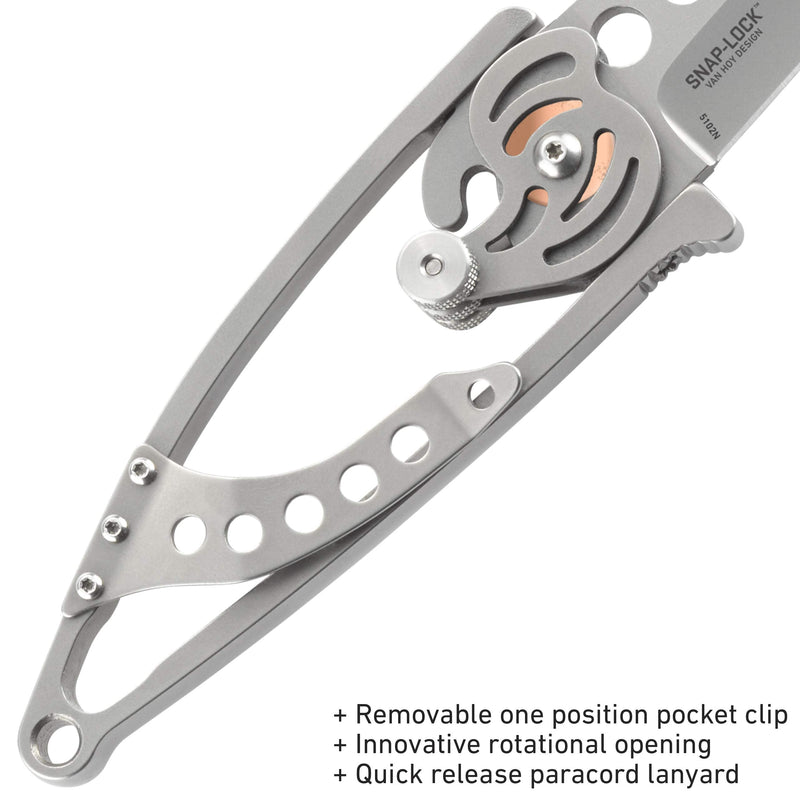 CRKT Snap Lock Everyday Carry EDC Pocket Folding Knife with Snap Lock: Stainless Steel Plain Edge Blade, Stainless Steel Handle, Pocket Clip, 5102N Gray