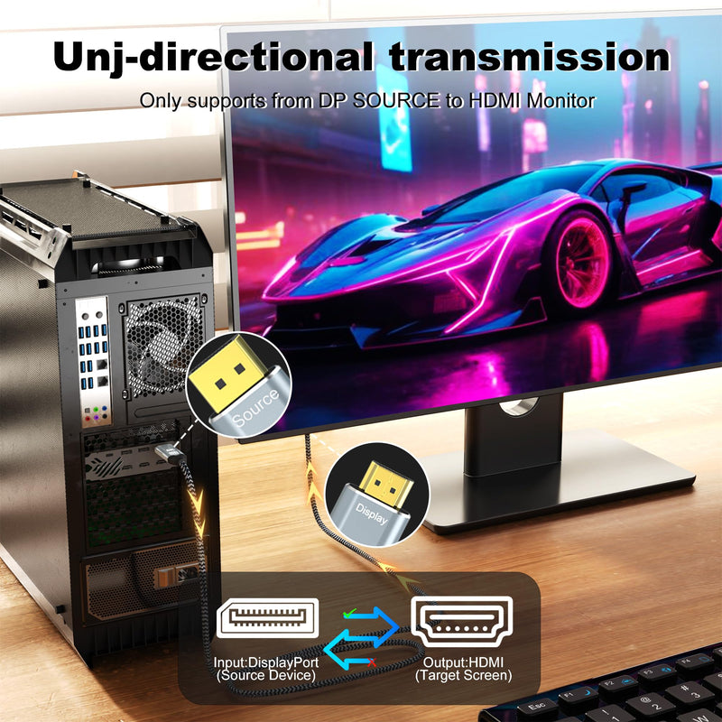 DisplayPort to HDMI 2.1 Cable 10FT 8K@60Hz 4K@120Hz Uni-Directional DP (Source) to HDMI (Display) Braided Cord Supports HDCP 2.3 HDR10 Display Port for AMD,NVIDIA,and PC 10 Feet