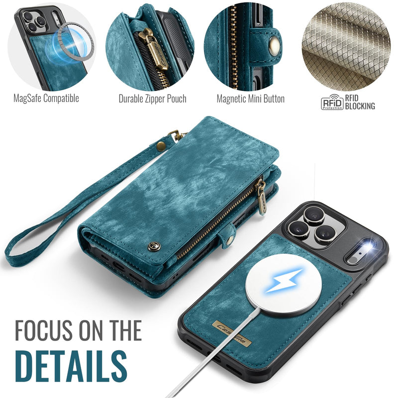 Compatible with iPhone 17 Pro Max Wallet Case with Magsafe with Zipper & Card Holder Strap Wristlet Detachable Magnetic Protective Back Case for iPhone 17 Pro Max 5G 6.9 Inch (Blue) iPhone 17 Pro Max 6.9 Inch (Detachable and Magsafe)-Blue