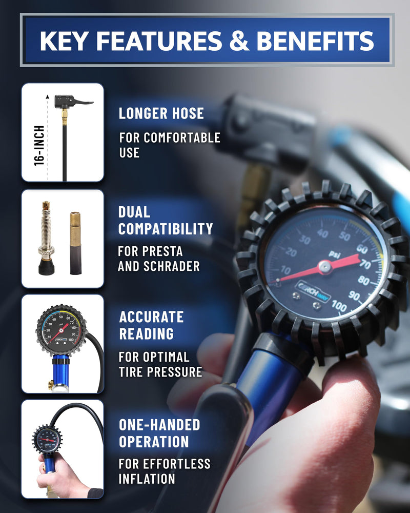 Presta Valve Adaptor Pump with Removable Schrader to Presta Valve Air Chuck – Accurate Bike Tire Inflator & Pressure Gauge for Air Compressor, 100 PSI