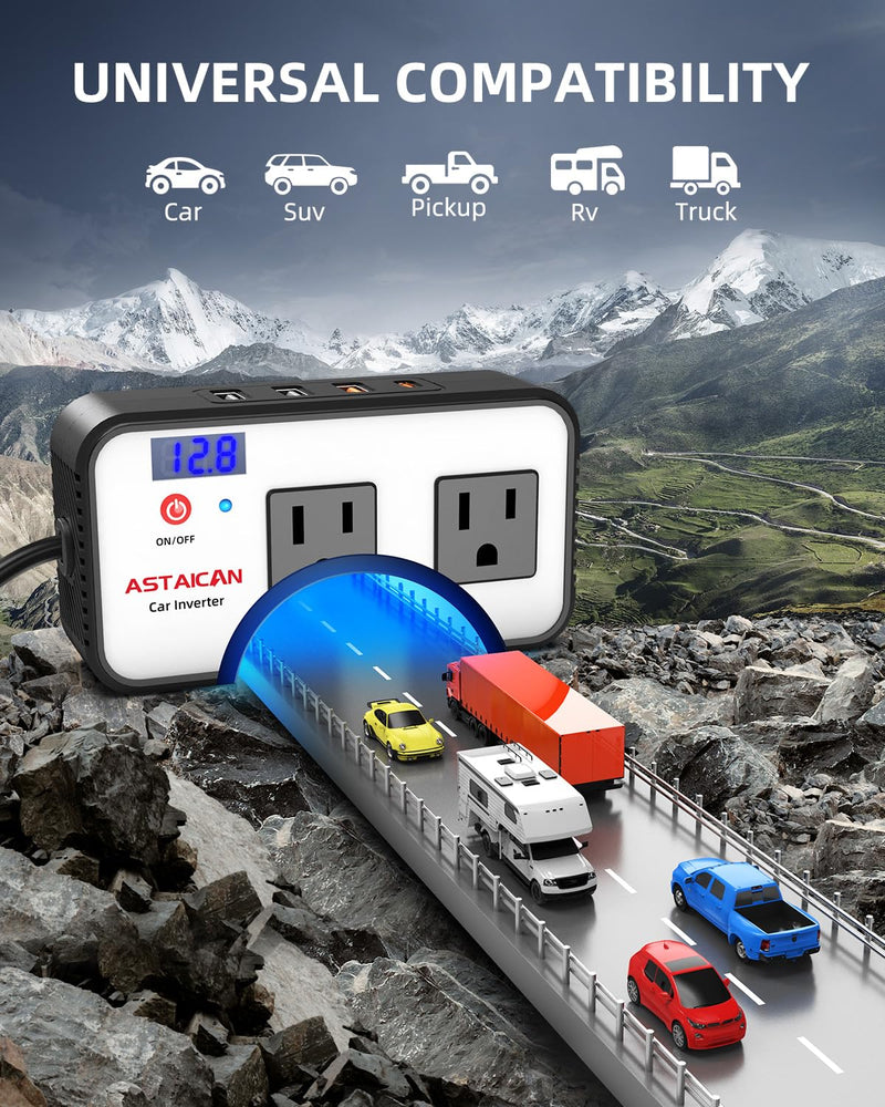 200W Car Power Inverter, DC 12V to 110V AC Car Plug Adapter with 20W USB-C & 18W USB-A Dual AC Outlet, PD/QC Fast Car Charger for Laptop, Vehicles, Road Trip Essentials, White