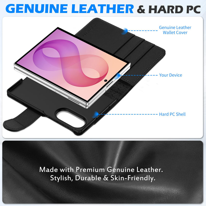 SHIELDON Genuine Leather Wallet Case for Galaxy Z Fold 8 (7.6" 2026), Black | Magnetic Closure, RFID Blocking, Credit Card Holder, Kickstand, Folio Design, Full Protection, Shockproof Phone Cover