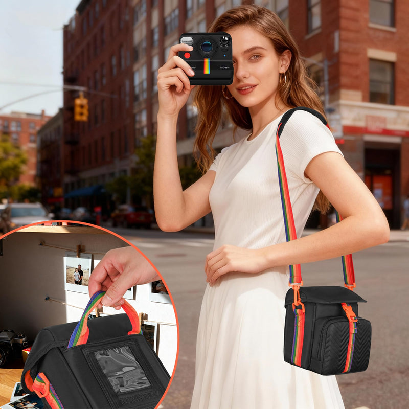 Camera Case for Polaroid Now 3rd/2nd Gen with Photo Display Window | Instant Camera Sling Bag with Clear Display Window, Quilted Front Pocket, 8mm Padding, Top Handle and Adjustable Strap, Black