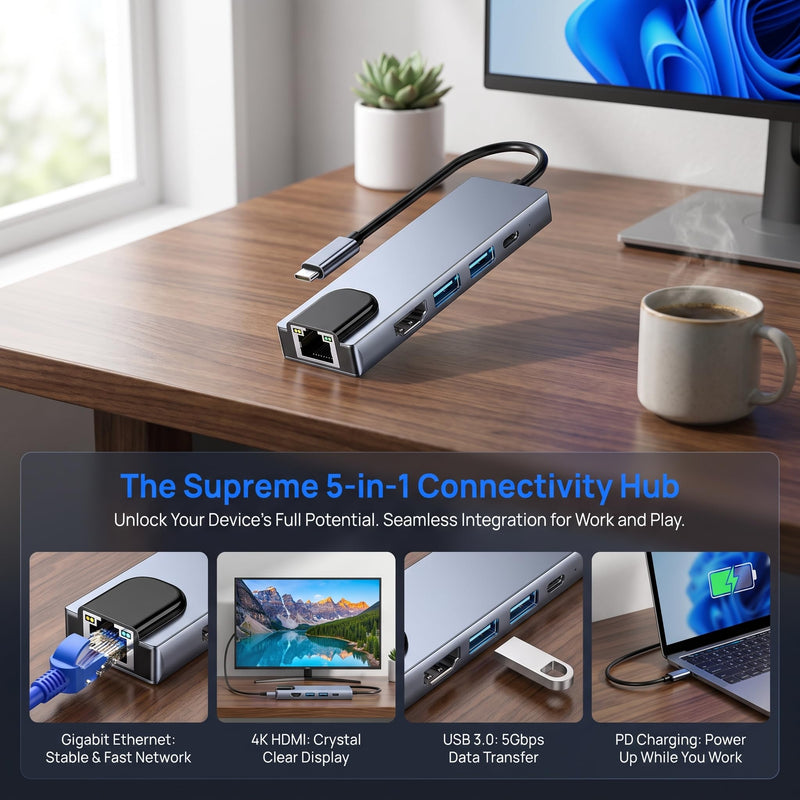 5-in-1 USB C Hub with Gigabit Ethernet 4K HDMI & 2 USB 3.0 Ports PD Charging Aluminum Type-C Dock for Laptop 5-in-1LAN