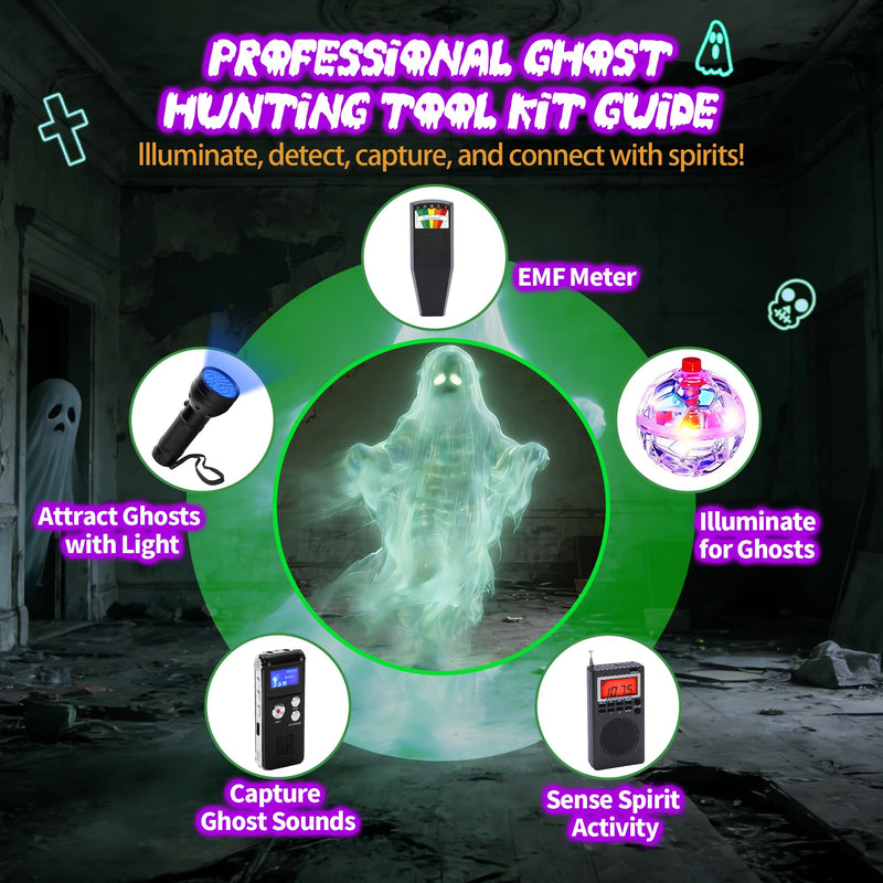 Professional 8 Pcs Ghost Hunting Equipment Kit, All-in-One Ghost Hunting Kit for Paranormal Research, Complete Ghost Investigation Equipment with EMF Meter, Spirit Box & Recorder Foundation