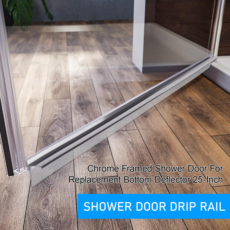 25” Framed Shower Door Drip Rail with Vinyl Sweep, Chrome Shower Door Bottom Water Deflector with Screws 25A