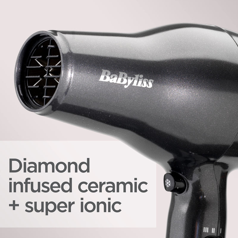 BaByliss Platinum Diamond Hair Dryer & Diffuser - Professional 2300W Blow Dryer with AC Motor, Ionic Frizz-Control, 3 Heat & 2 Speed Settings, Diamond, 6490DU