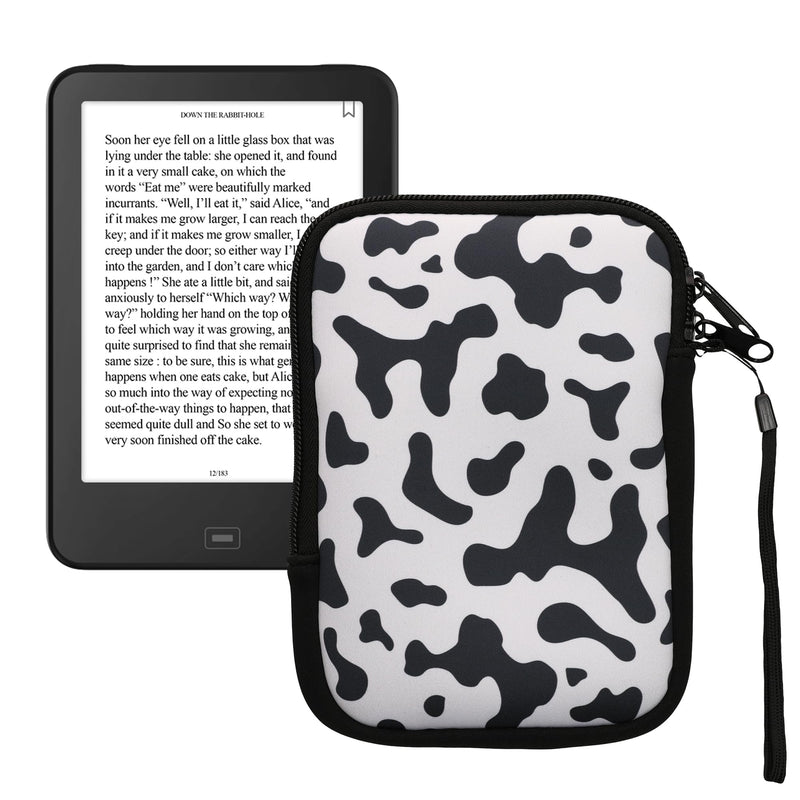 kwmobile Neoprene e-Reader Pouch Size 6" eReader - Universal eBook Sleeve Case with Zipper, Wrist Strap - Black/White Cow Print black / white