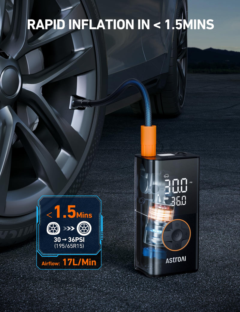 AstroAI L7 Tire Inflator Portable Air Compressor Cordless Bike Pump with Digital Dual Values Display, 150 PSI Car Tires Pump with LED Lights Air Pump for Cars, Motorcycles, Bikes, Balls Orange