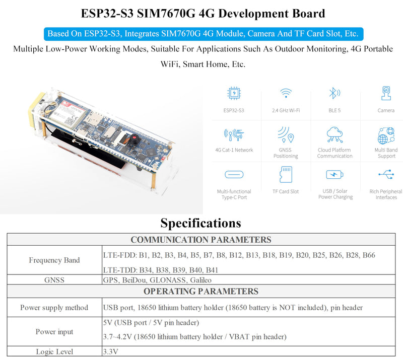 ESP32-S3 SIM7670G 4G Development Board, LTE Cat-1/WiFi/Bluetooth/GNSS Positioning, Global Coverage Multi Band, Onboard Camera/Antenna, Suitable for 4G Portable WiFi, Solar Panel or USB Charging