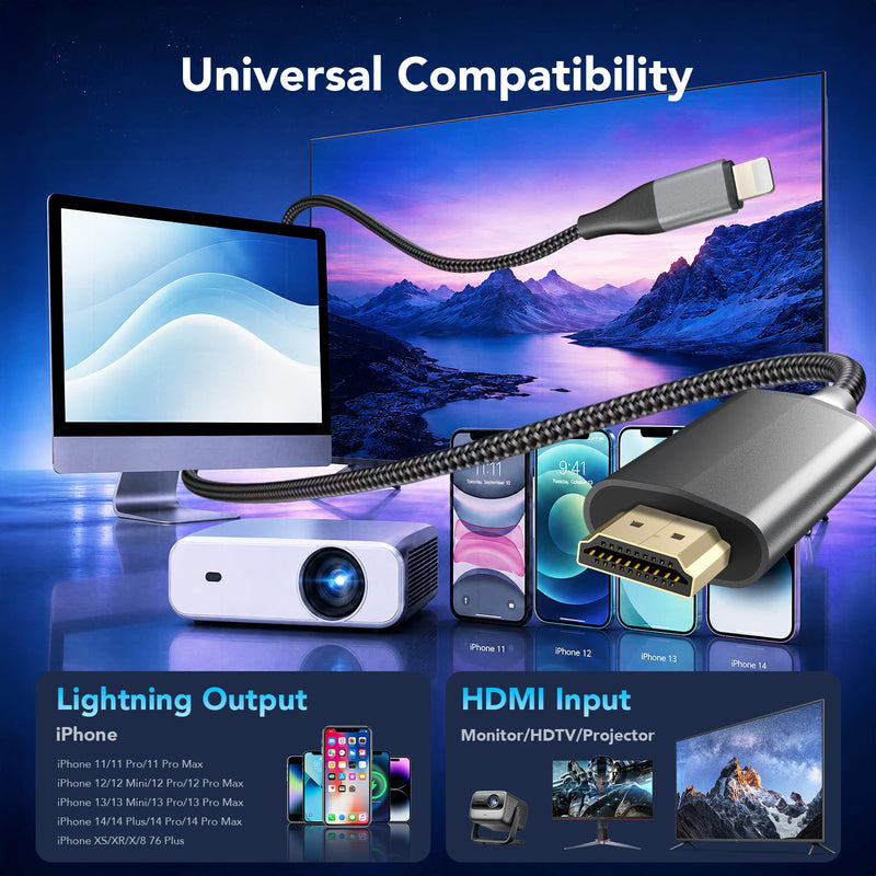 Lightning to HDMI Adapter for iPhone to TV/Projector/Monitor | 1080P@60Hz Screen Mirroring Cable | Plug & Play, No Power Needed | 6.6ft/2m Compatible with iPhone14/13/12/11/XS/XR/8+/7/iPad Space Gray