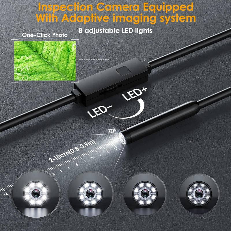 1920P HD Endoscope Camera with Light, IP67 Waterproof Borescope Snake Camera Semi-Rigid Sewer Camera 8 LED Inspection Endoscope Camera for iPhone Android Automotive Pipe, 16.4FT Single Lens Single Lens 16.4FT