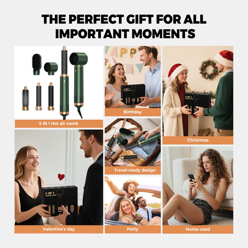 Airbrush 5 in 1 Hair Styler Hairstyer Air Brush 5 in 1 Air styer | Airstyler Multi-Blow Dryer Brush Set with Curl, Straighten, Wavy, Smooth, Magic Styler for All Hair Types and Lengths Green