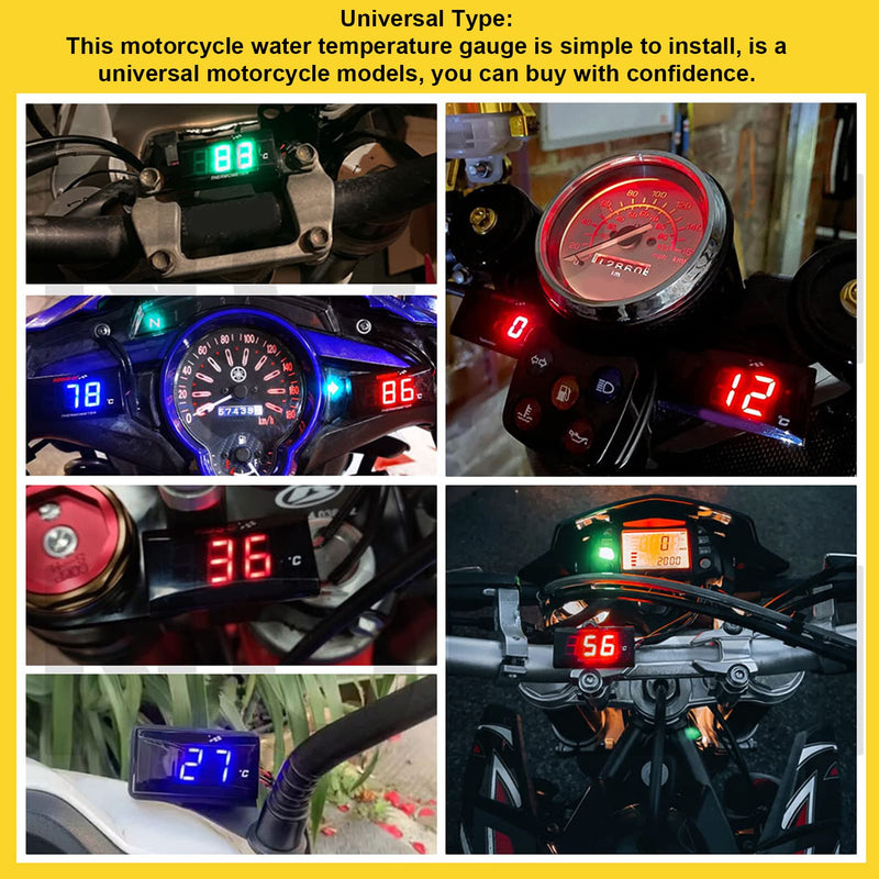 Water Temperature Meter, Motorcycle Water Temperature Gauge, DC12V Digital Thermometer Instrument for Motorcycles, Ultra Thin LCD Display with Backlight and Temp Sensor Adapter