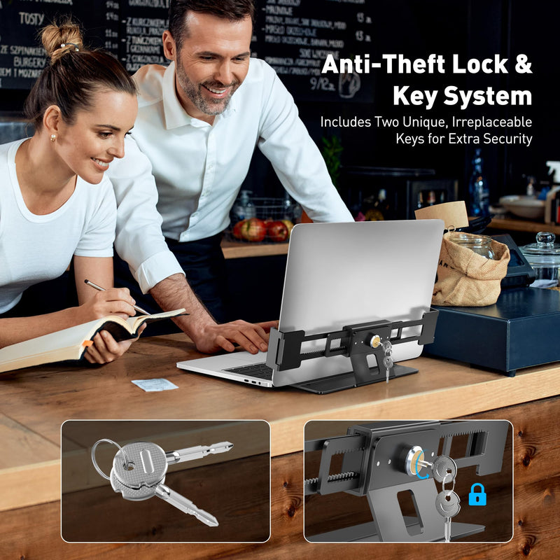 AboveTEK Laptop Locking Station, Premium Aluminum MacBook Security Lock with High-Security Copper Cylinder, Anti-Theft Computer Lock for All 11"-17" No-Slot Notebooks, Non-Slip Base for Public Spaces Black
