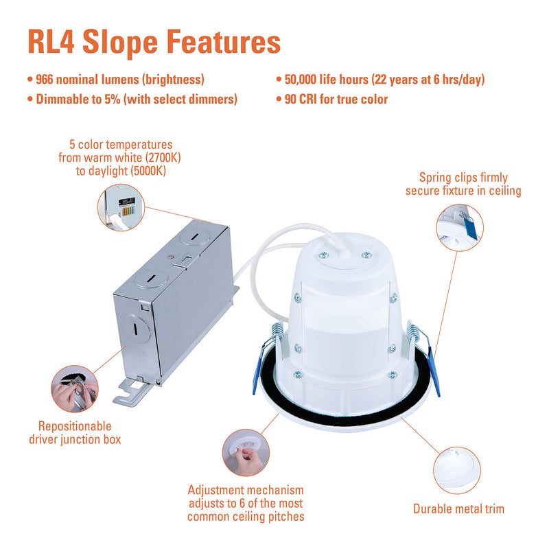 HALO RLS 4 in Adjustable Canless Recessed LED Downlight for Sloped Ceilings with Selectable Color Temperature 2700K-5000K, Dimmable, 900 Lumens, IC-Rated RLS4099FS1EWHDMR 4 inch