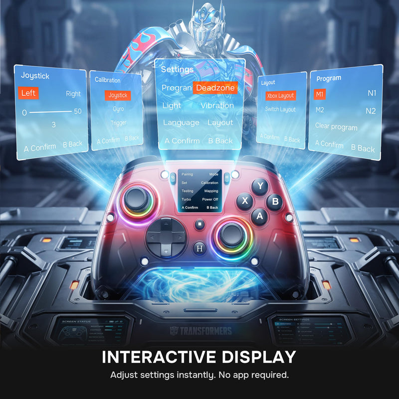 Transformers Officially Licensed Wireless Gaming Controller with Interactive Screen, 1000Hz Polling Rate, Hall Joysticks & Triggers, 4 Programmable Buttons, Compatible with PC, Switch 1, PS4, iOS, Android, Red