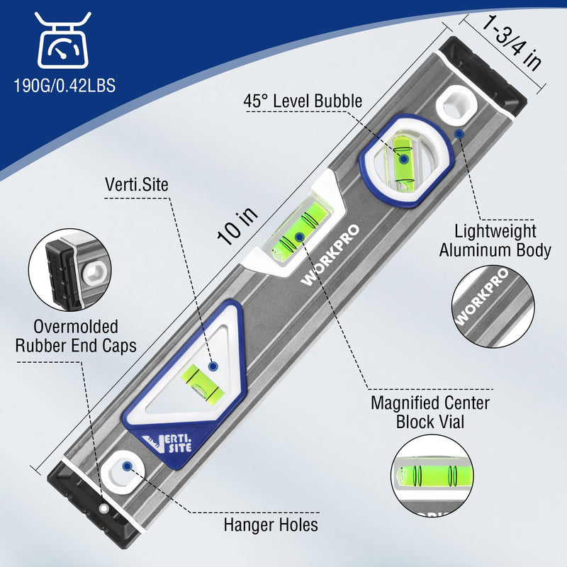 WORKPRO 10 Inch Torpedo Level, Small leveler tool with 3 Different Bubbles 45°/90°/180°, bubble level With Shock Absorbing End Caps, V-Groove for Conduit Bending, Silver/White/Blue 45°+90°+180°