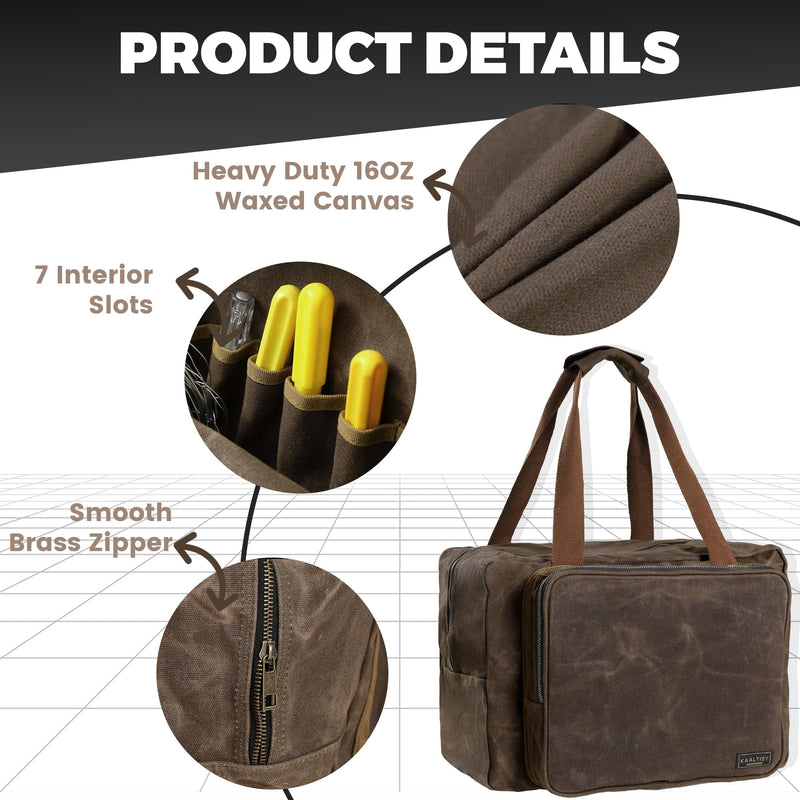 Kaaltisy 16oz Waxed Canvas Tool Bag – Robust Zipper Garden Tools Tote with 3 Compartments & Padded Handle (Grey) – Tool Organizer for Gardening Wire Cutters Goggles Grey