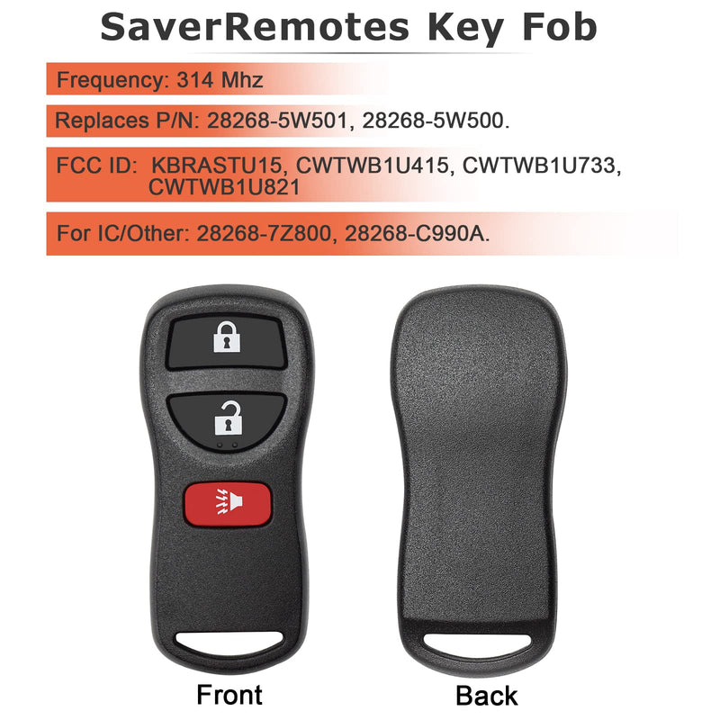 for Nissan Armada Frontier Murano NV Pathfinder Quest Sentra Titan Versa Xterra Keyless Entry Remote Replacement KBRASTU15 (Pack of 2)