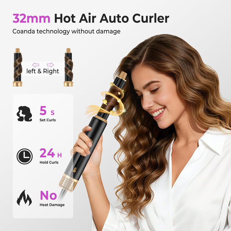 UMIGA 5 in 1 Hot Air Styler Brush Set Ionic Hair Dryer and Volumiser with LCD Display Auto Rotating Curler Straightener and Waver for All Hair Types 1000W Professional Styling Tool Blackgold
