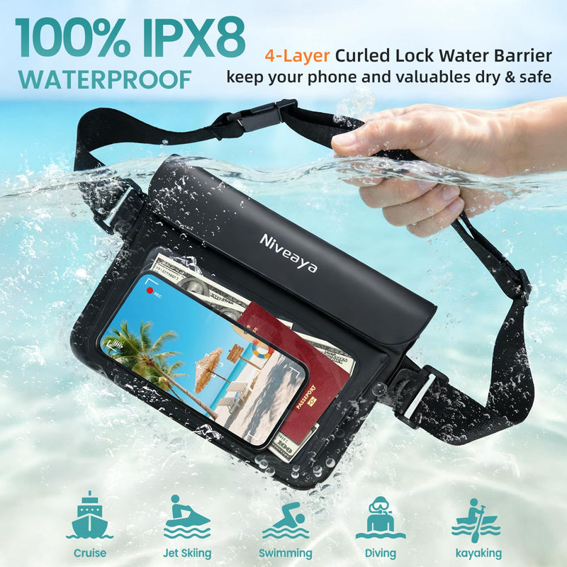 Niveaya Double Space Waterproof Fanny Pack, IPX8 Waterproof Dry Bag Waist Pouch for Beach, Kayaking, Swimming, Boat Travel Essentials, Waterproof Phone Bag & Passport Holder for Women Men(2 Pack) Black+Blue