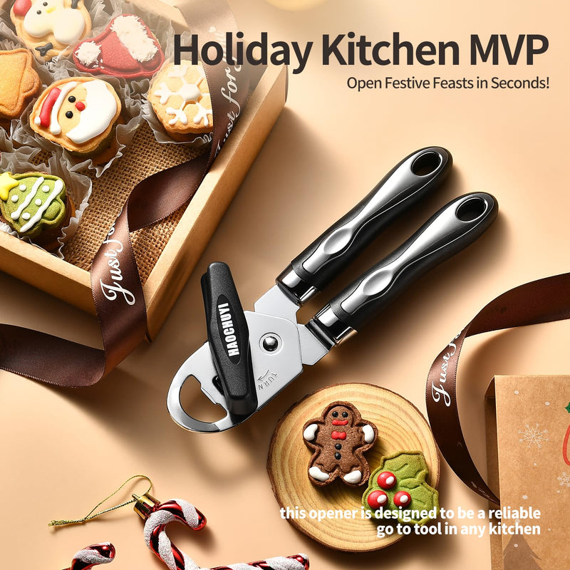 Classic Multifunction Can Opener and Bottle Opener Easy to Use, Razor Sharp Stainless Steel Cutting Wheel, Soft Ergonomic Handles, Black ﻿